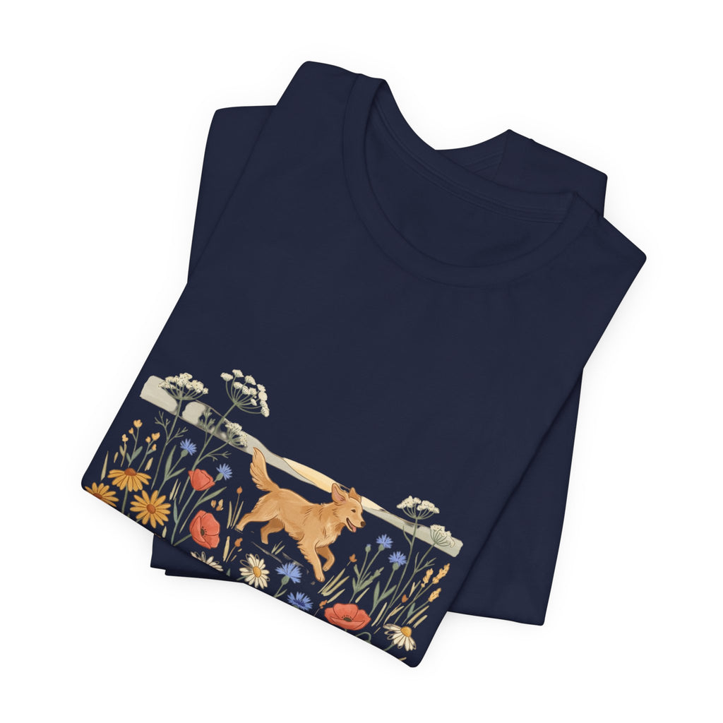 Floral Meadow Dog T‑Shirt — Playful Golden Retriever in Wildflower Field