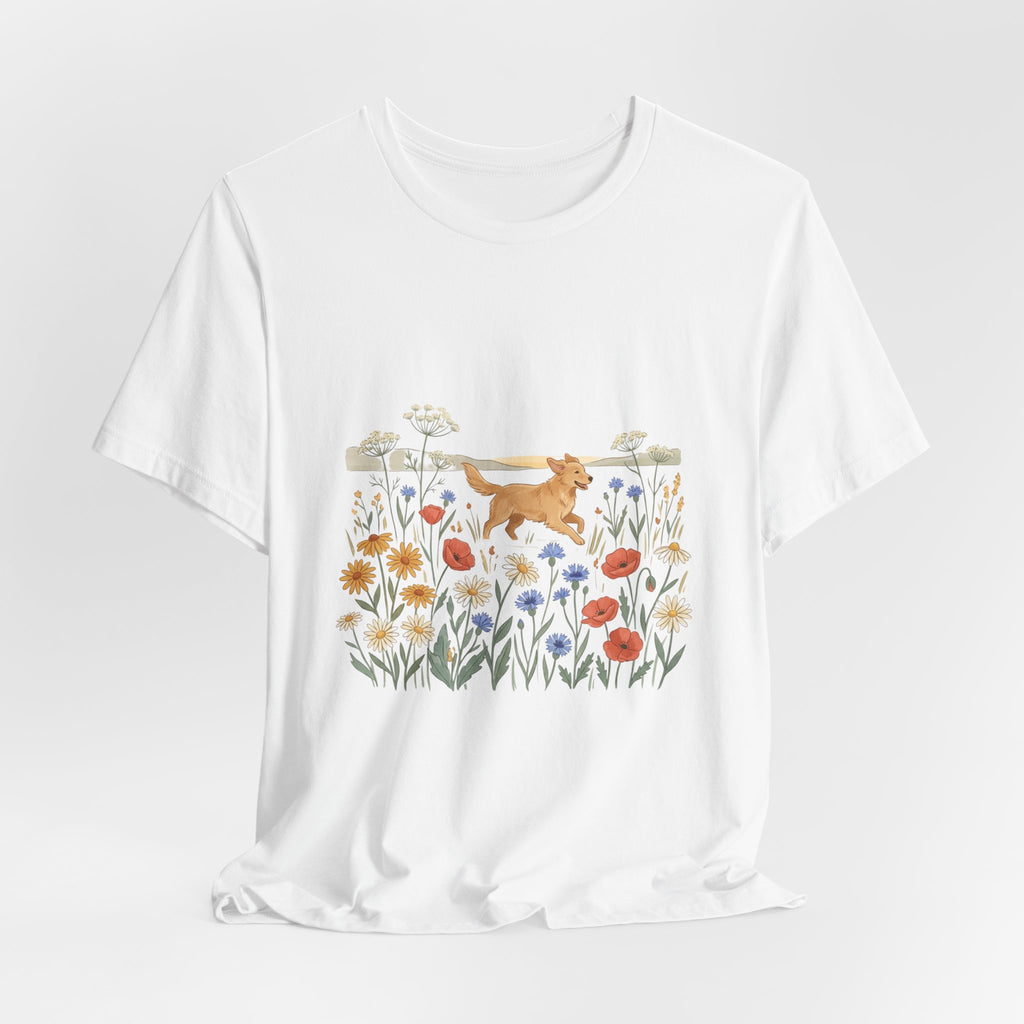 Floral Meadow Dog T‑Shirt — Playful Golden Retriever in Wildflower Field