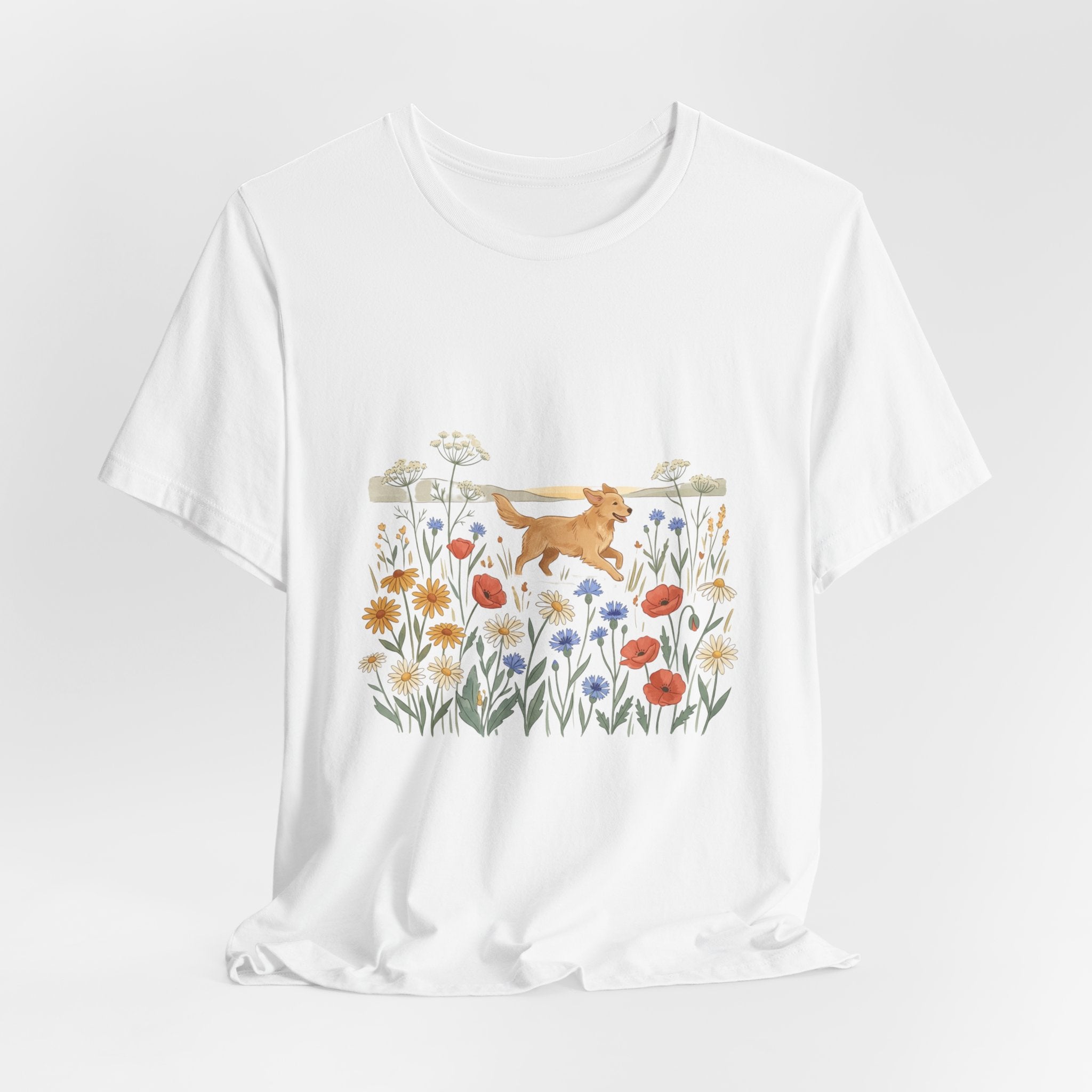 Floral Meadow Dog T‑Shirt — Playful Golden Retriever in Wildflower Field