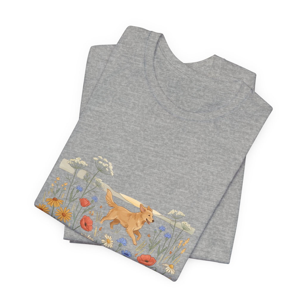 Floral Meadow Dog T‑Shirt — Playful Golden Retriever in Wildflower Field
