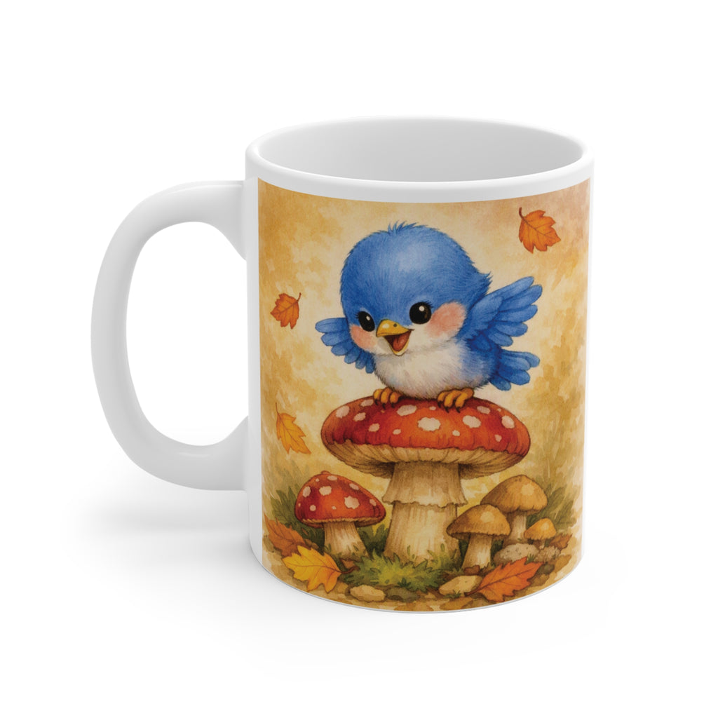 Bluebird on Mushroom Mug – Cute Woodland Watercolor Coffee Cup