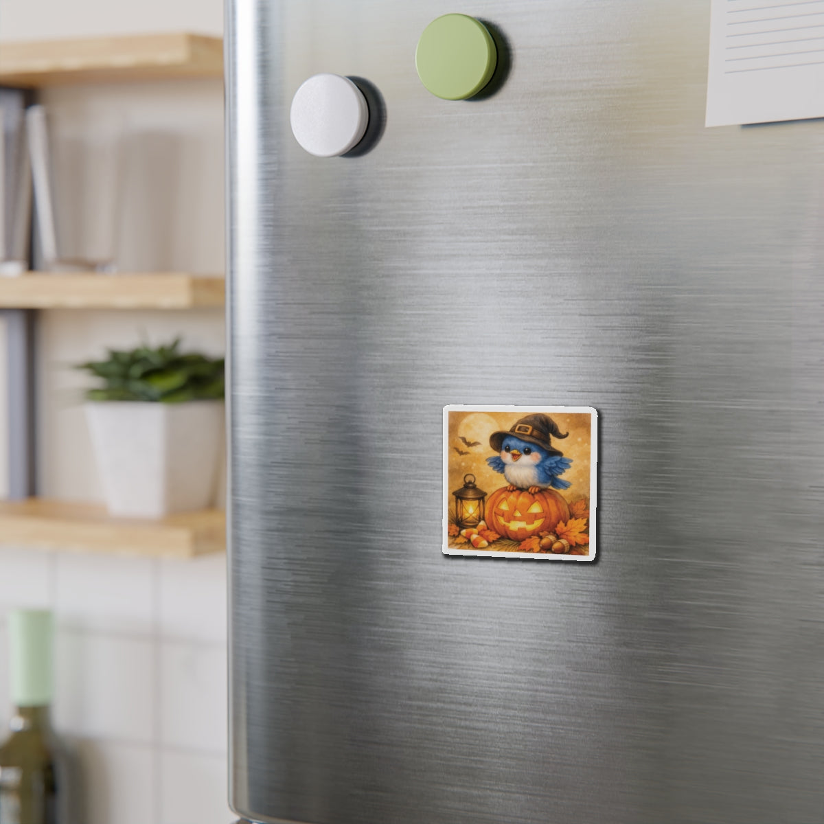 Bluebird in Witch Hat Die‑Cut Magnet – Cozy Autumn Watercolor Design