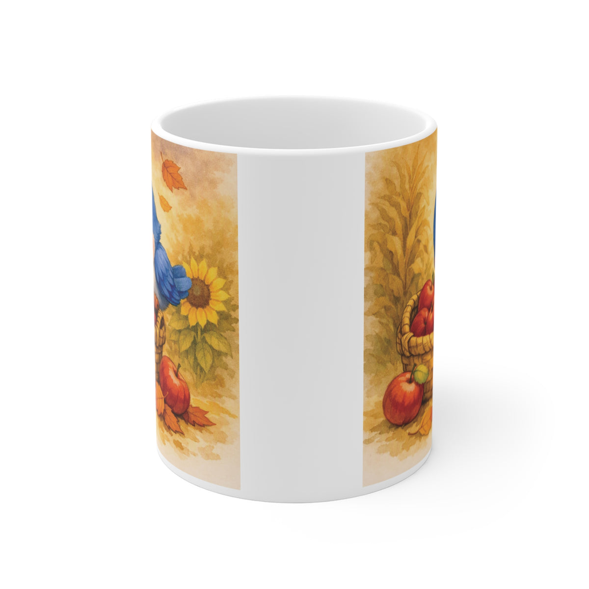 Bluebird & Apple Basket Fall Mug – Watercolor Autumn Coffee Cup