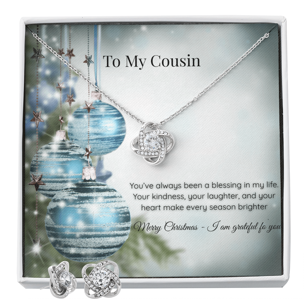 Christmas Love Knot Necklace & Earring Set — Cousin Message Card Gift  Short, clean, and premium.