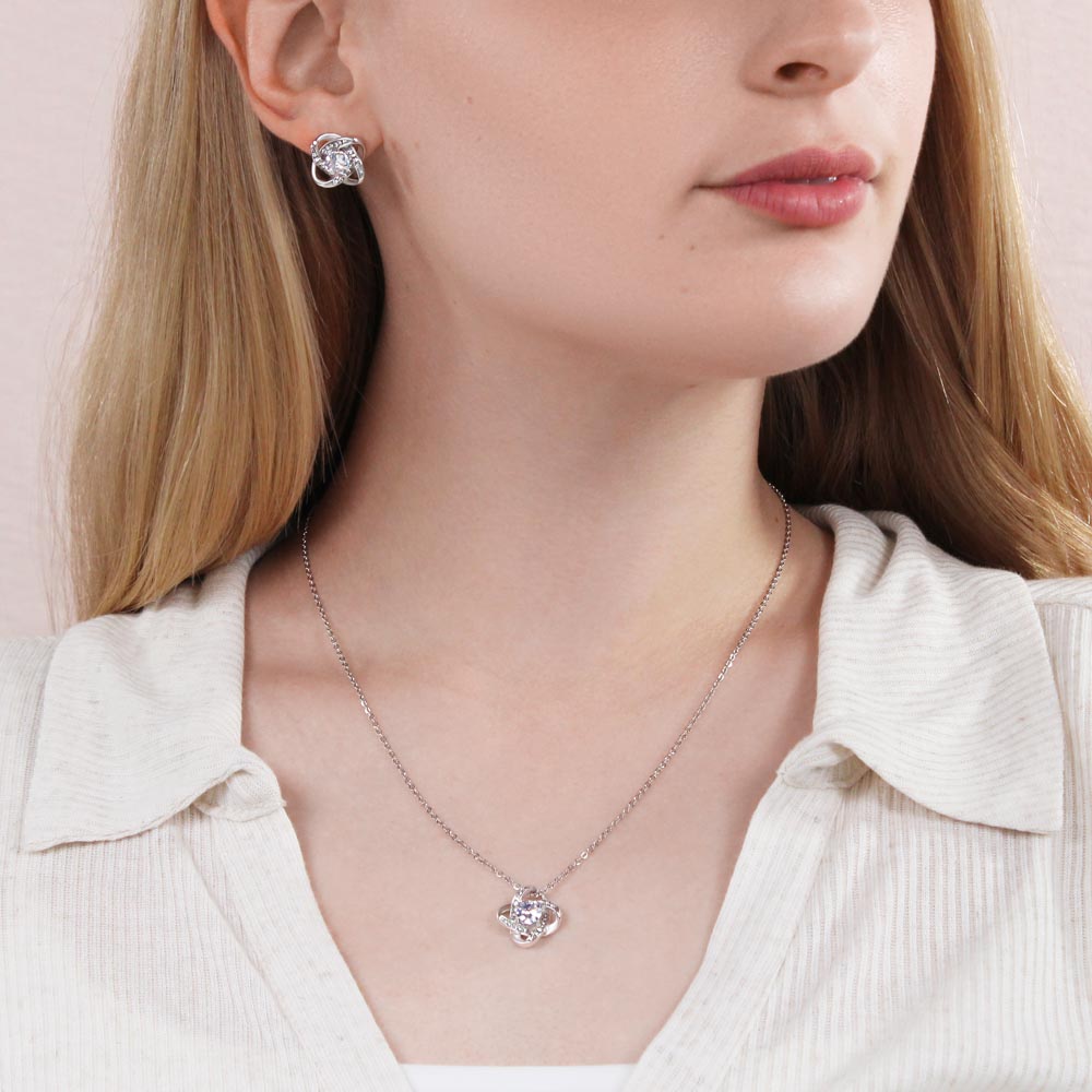 Christmas Love Knot Necklace & Earring Set — Cousin Message Card Gift  Short, clean, and premium.