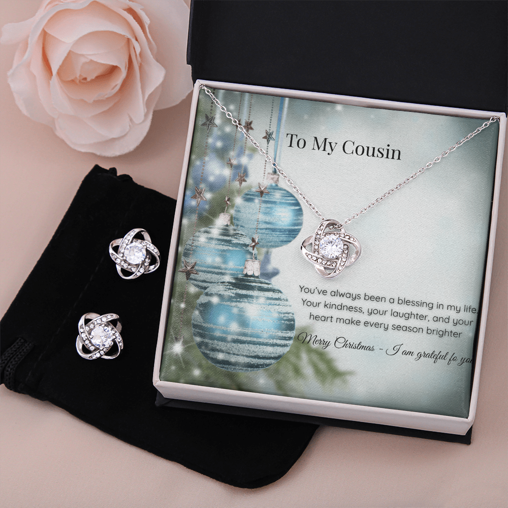 Christmas Love Knot Necklace & Earring Set — Cousin Message Card Gift  Short, clean, and premium.