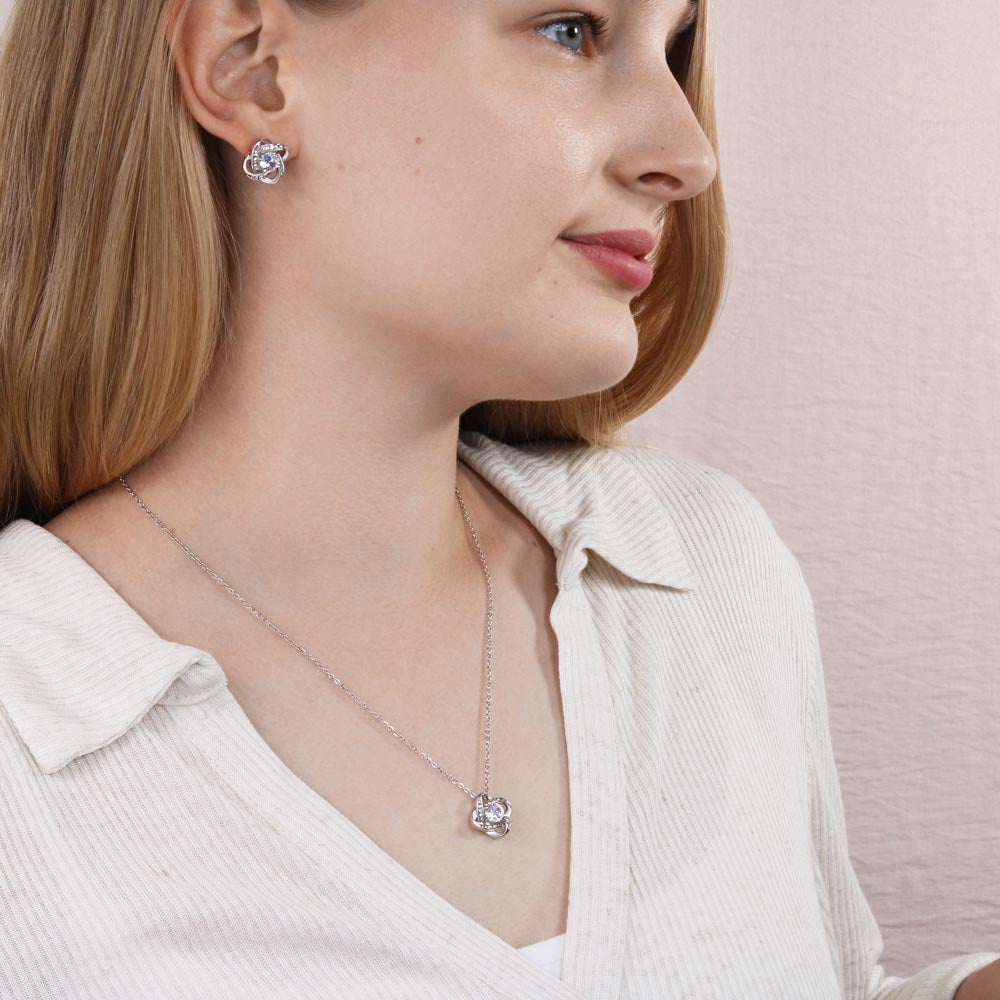 Christmas Love Knot Necklace & Earring Set — Cousin Message Card Gift  Short, clean, and premium.