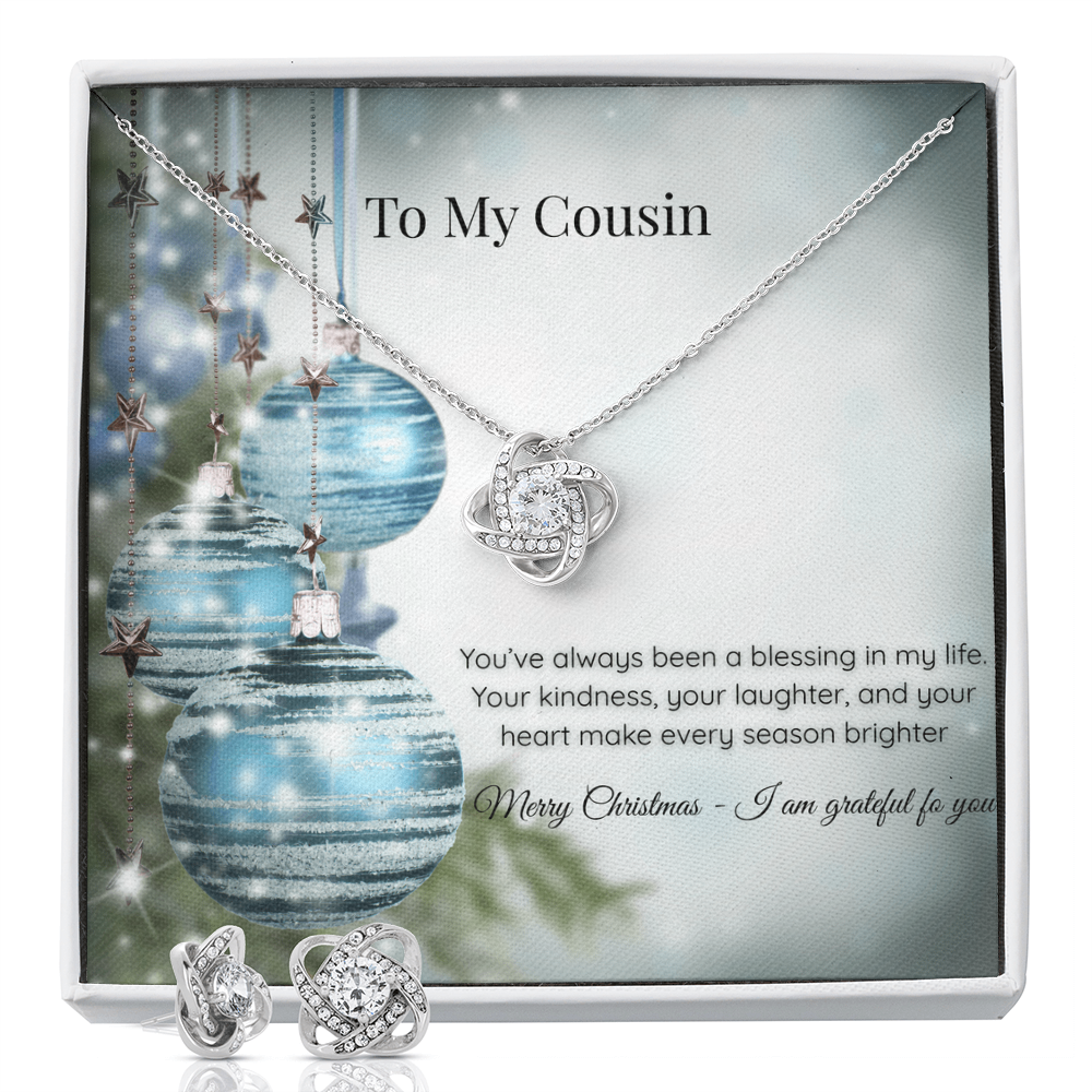 Christmas Love Knot Necklace & Earring Set — Cousin Message Card Gift  Short, clean, and premium.