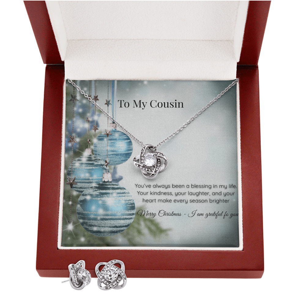 Christmas Love Knot Necklace & Earring Set — Cousin Message Card Gift  Short, clean, and premium.