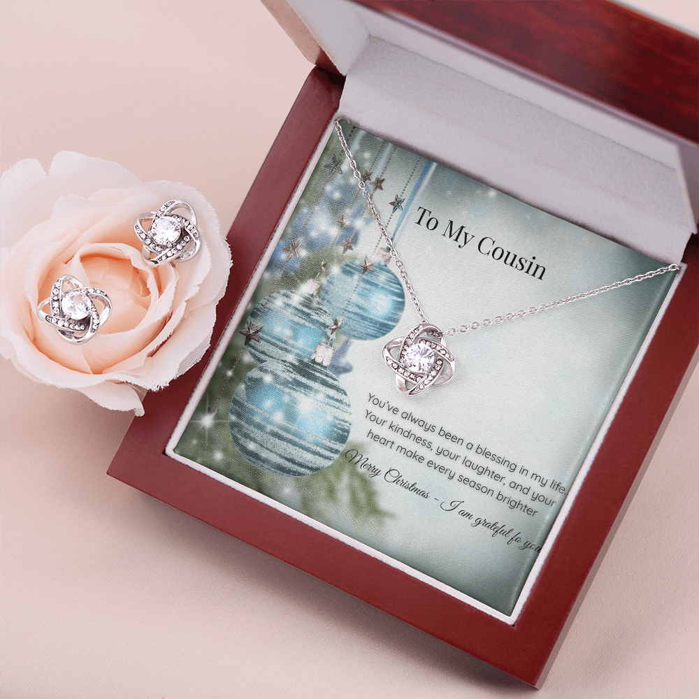 Christmas Love Knot Necklace & Earring Set — Cousin Message Card Gift  Short, clean, and premium.