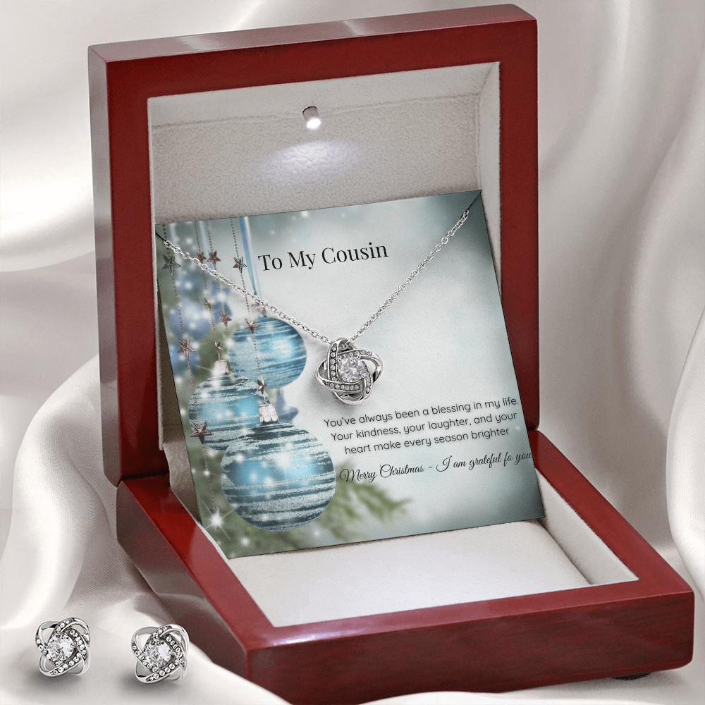 Christmas Love Knot Necklace & Earring Set — Cousin Message Card Gift  Short, clean, and premium.